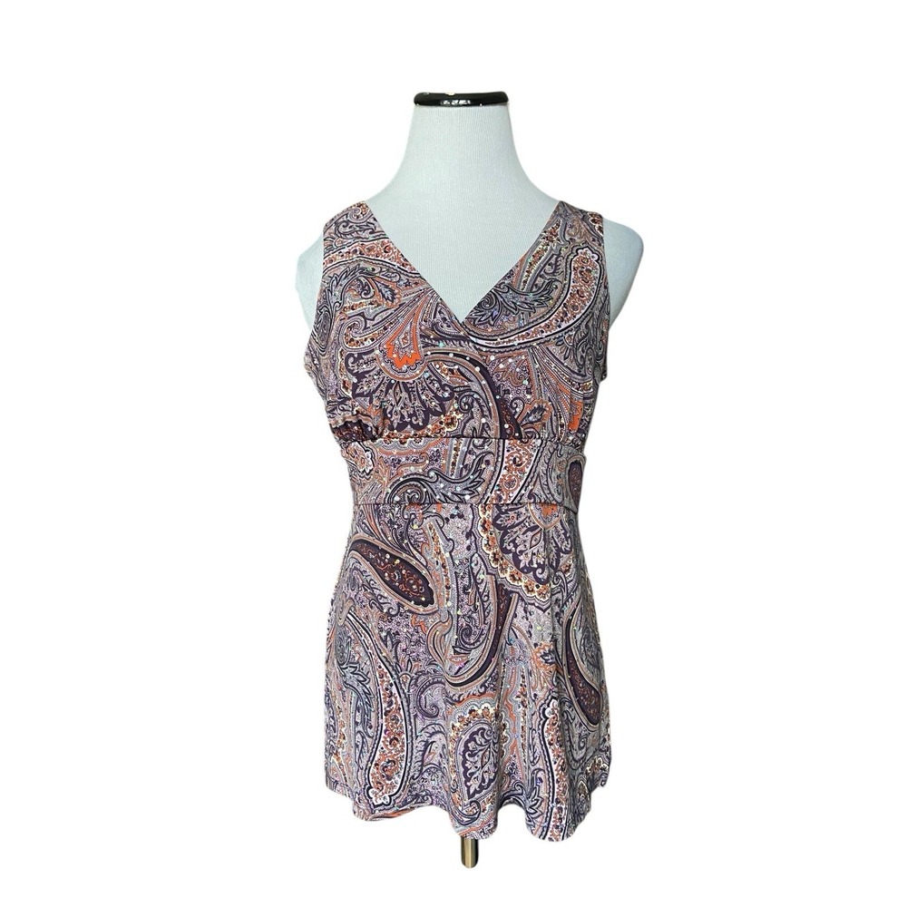 Vintage Y2k Babydoll Tank Top Size M‎ Purple Paisley Sequin Indie Boho Festival
